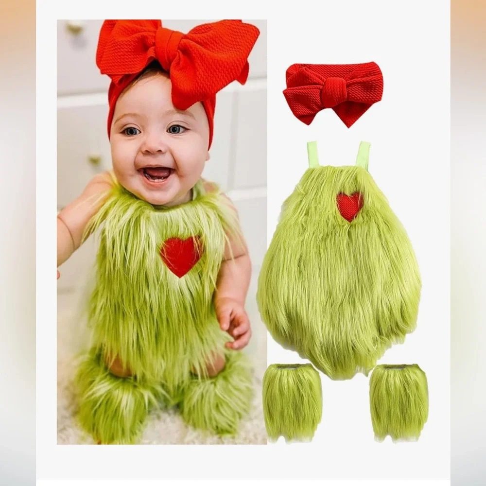 Qiylii Green Grinch Furry Costume romper with Red and Gray Accents new size 2T